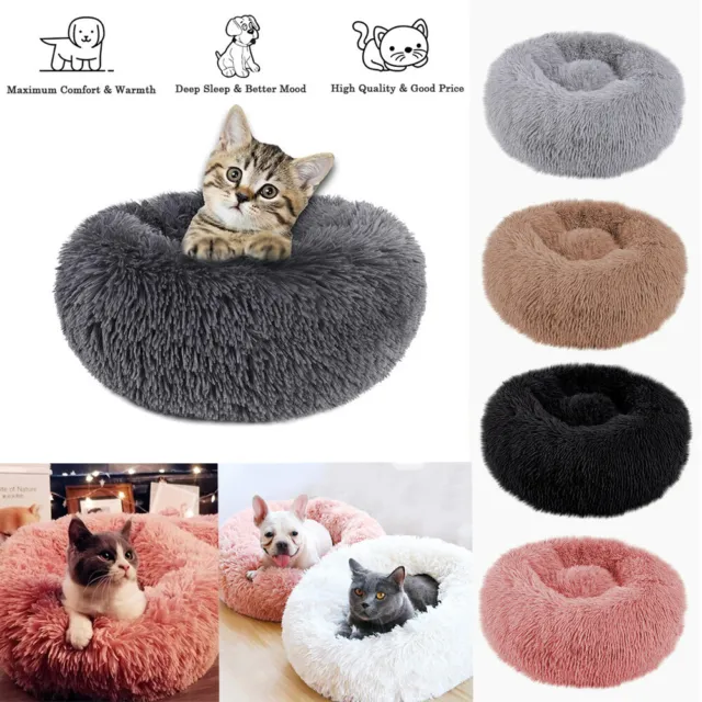 Round Plush Donut Pet Bed Fur Donut Cuddler Warm Soft Dog Cushion Calming Bed