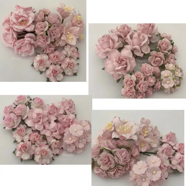 4 Designs Mixed Paper Flower Shabby Pink Wedding Craft Gift bouquet Scrapbook