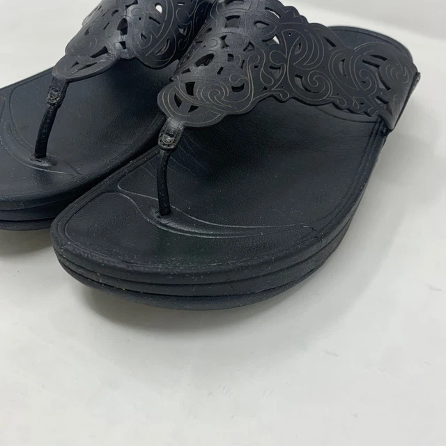 Fitflop Womens Size 10 Flora Sandals Wedge Black Leather Celtic Thong Slip On 3
