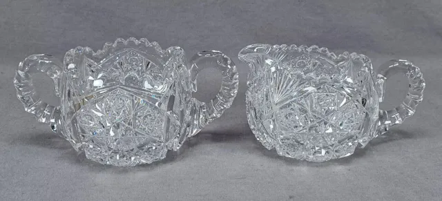 ABP American Brilliant Cut Crystal Hobstars Fans & Cross Hatch Creamer & Sugar