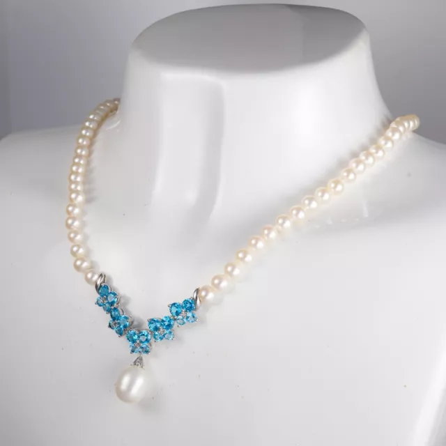 Pearl Strand Bib Pendant Necklace Blue Topaz Real Diamond Wedding Formal Estate