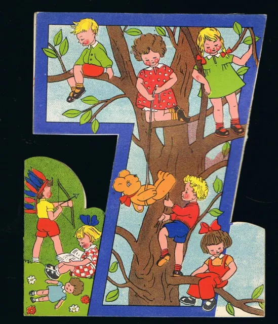 Children Climbing Tree Shaped 7th Birthday Vintage Greetings Card #13722