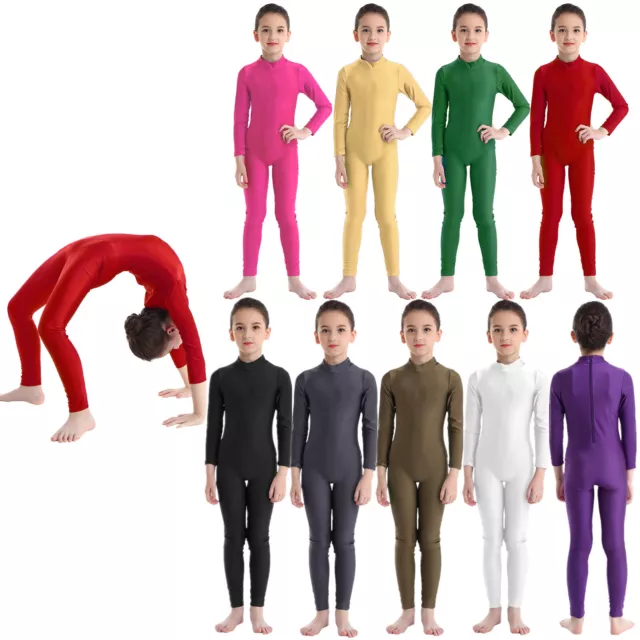 Girls Long Sleeve Turtleneck Catsuit Unitard Full Length Gym Bodysuit Dancewear