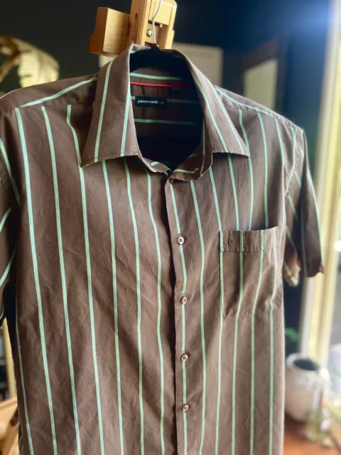 80's Pierre Cardin Mens Shirt Vintage Brown & Green Pin Striped Poly Cotton XL