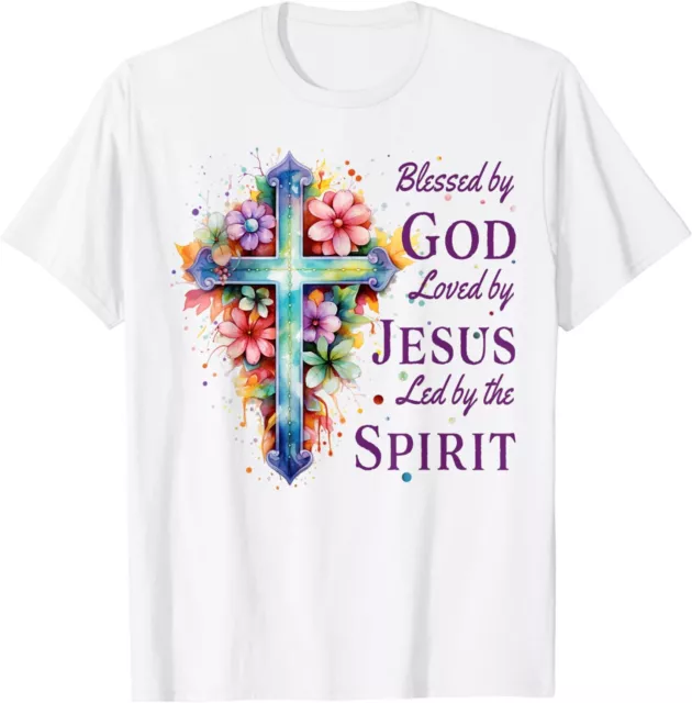 NEW LIMITED Blessed by God Loved by Jesus Floral Cross T-Shirt