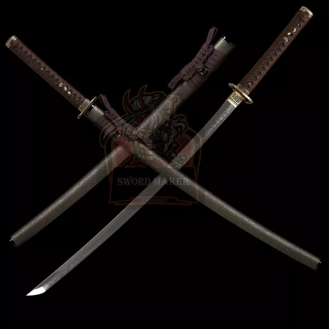 Japanese Samurai Katana Clay Tempered L6 Steel Blade Sword Full Tang Brass Tsuba