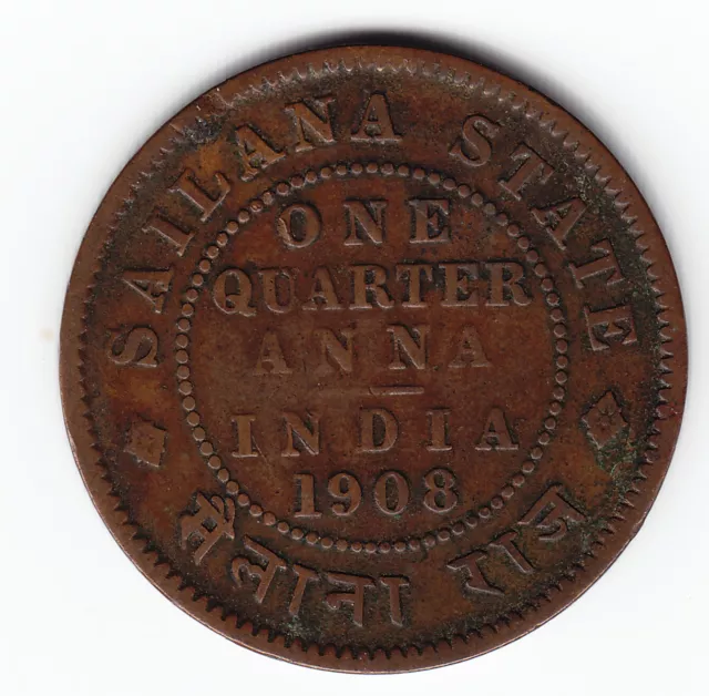 SAILANA India 1/4 anna 1908 KM15 Cu 1-yr type Edward VII Above average VERY RARE