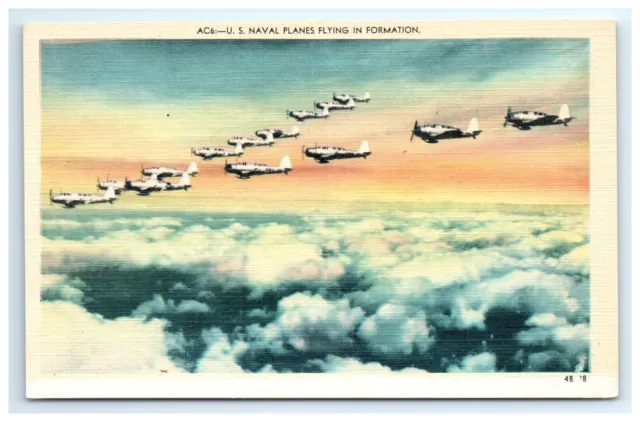 POSTCARD US NAVAL Planes Flying in Formation Linen Military Rainbow Sky ...