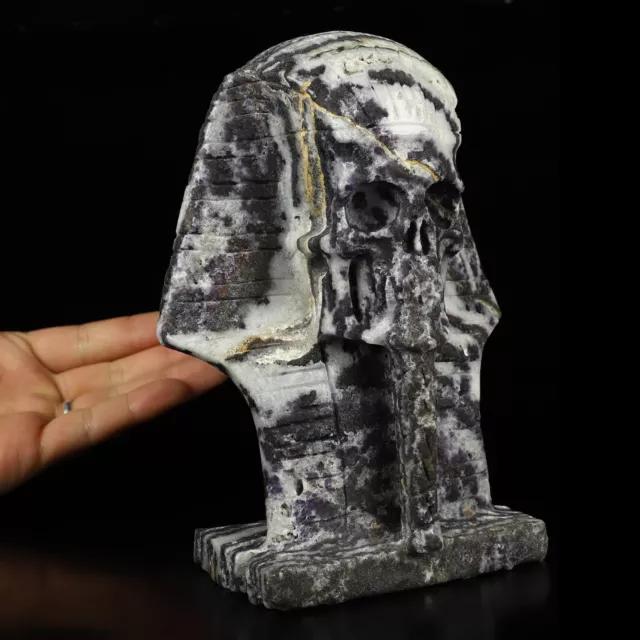 7.1" Purple white jade Hand Carved Pharaoh Crystal Skull Sculpture, Healing