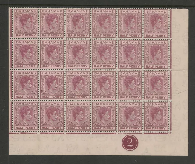 Bahamas 1938 KGVI ½d Plate# Block of 24 Mint Never Hinged