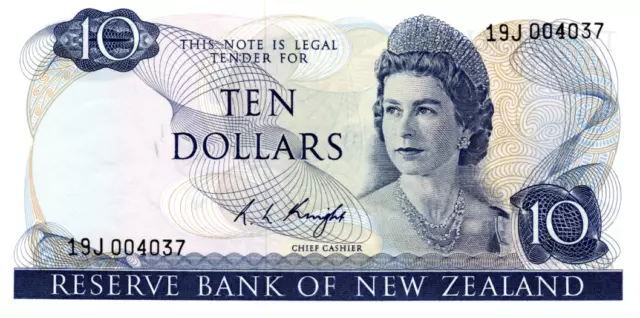 New Zealand $10 Dollars ND(1975) UNC Banknote P-166c Prefix 19J Knight Sig. QEII