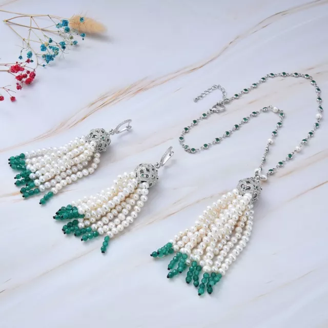 White Keshi Pearl Green Agate Pendant CZ Chain Necklace Earrings Sets Cute Style