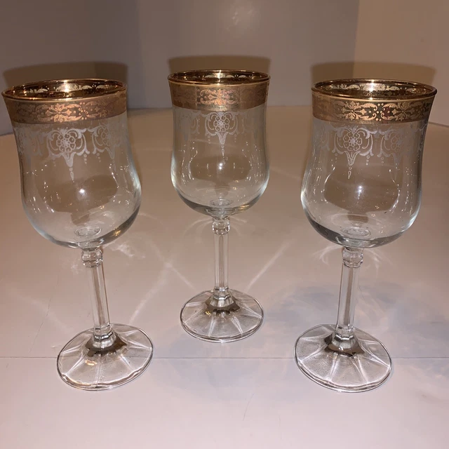 Vintage Medici Crystal Stemware Set of 3 24kt  Gold Wine Water Glasses Goblet