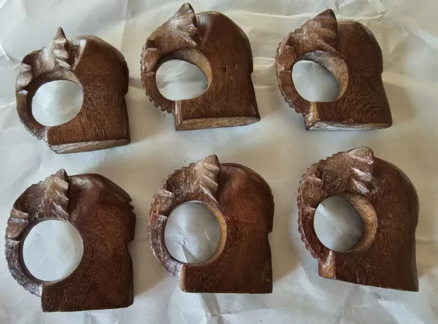Set of 6 Hand Carved Wood Elephant Napkin Rings