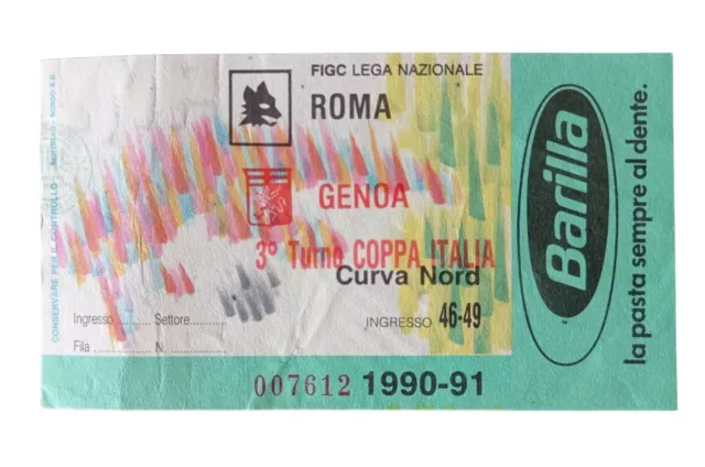 *HH* Biglietto Ticket Calcio Football Partita Roma Genoa '90 '91 Coppa Italia