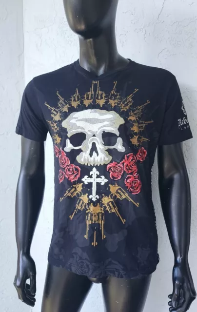 Rebel Spirit Embroidered Rose Guns Skull Stitched Art Black T Shirt Men's Large