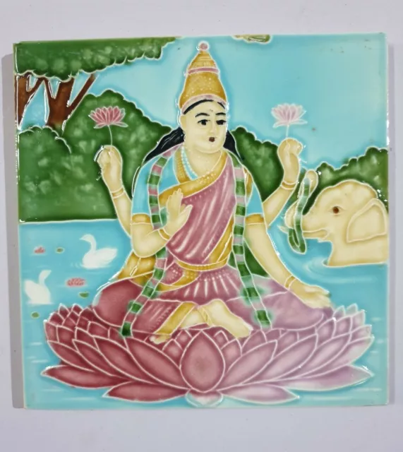 Vintage Majolica Tile GODDESS LAXMI  6in x 6in Japan 5485
