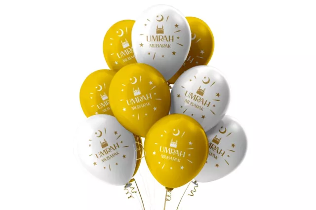 Umrah Mubarak Latex Balloons (10 Pack) - Kaaba White & Gold - Umrah Decorations