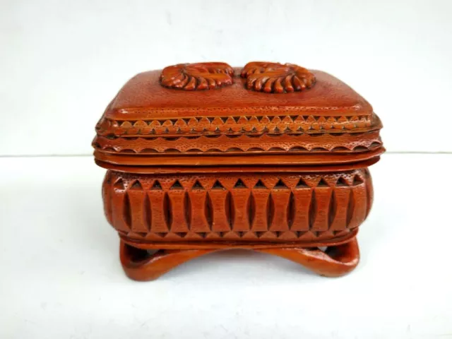 Jewelry Trinket Box Vintage Wooden Interesting Hand Carved Lidded 7 x 5 x 4 4/8"