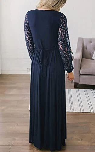 Kranda Womens Vintage Floral Lace Long Sleeve Wrap V Neck Party Long Maxi Dress