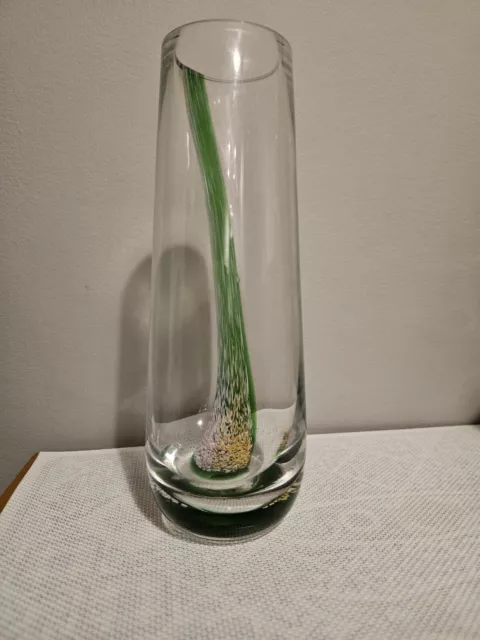 Caithness Scottish  Glass 9" Vase With Green Stripe & Fleck Vgc