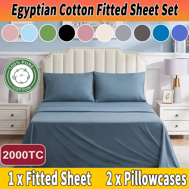 2000TC 100% Cotton Fitted Sheet Set Pillowcases Single Double Queen King NO FLAT