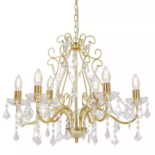 Chandelier with Crystal Beads Golden Round 6 x E14 Hanging Pendant Lamp vidaXL