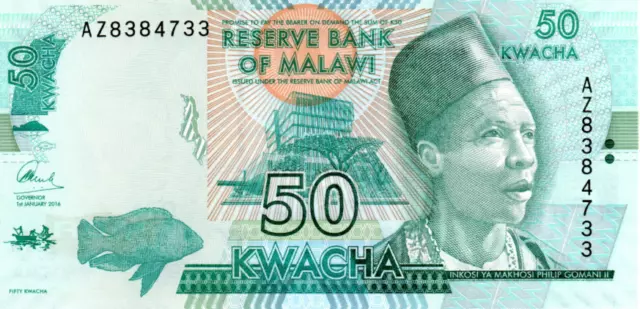 Malawi 50 Kwacha 2016 UNC Banknote P-64c Prefix AZ Paper Money