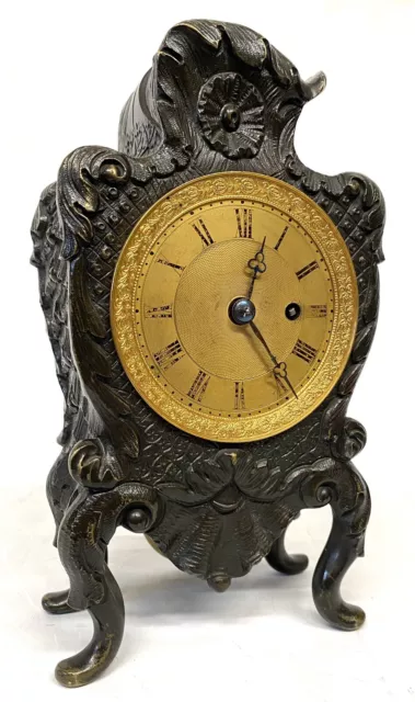 Antique Miniature Single Chain Fusee Mantel Clock In Bronze Case Ormolu