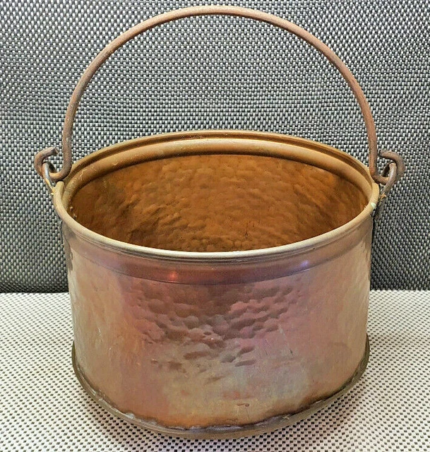 Grand Chaudron Ancien En Cuivre Martelé - 30 Cm - Anse Fer Forgé - Cheminée