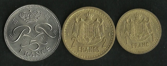 Monaco : Lot de 3 Monnaies : 1 et 2 Francs 1943 SUP + 5 Francs 1974 FDC / UNC