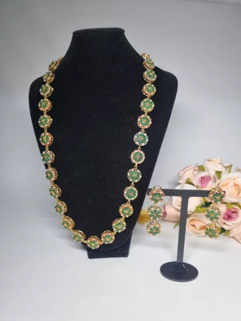 Indian Pakistani  long gold mala Set With Nauratan Stones