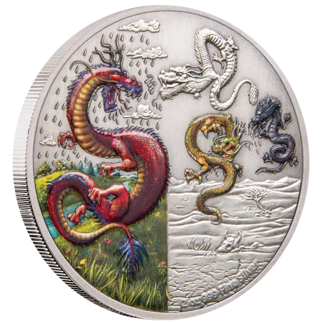 Silbermünze Die Vier Drachen (2.) 2019 - Niue - 2 Oz Antik Finish in Farbe