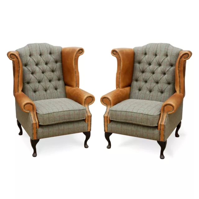 Pair of Chesterfield Queen Anne Wing Chairs in Harris Tweed & Vintage Leather