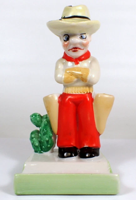 5 3/8" Vtg Japan Painted Porcelain Cowboy & Cactus Toothbrush & Paste Holder