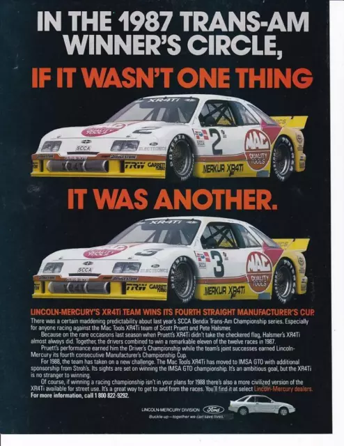 1987 Mercury Merkur XR4Ti Print-Ad / Great Art/ SCCA Trans Am Scott Pruett