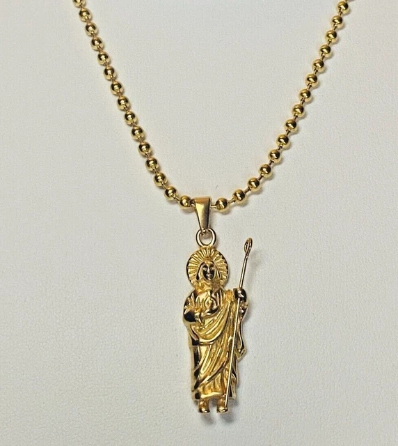 MENS 14K GOLD Holy San Judas Tadeo Medalla St Jude Pendant Ball Chain ...