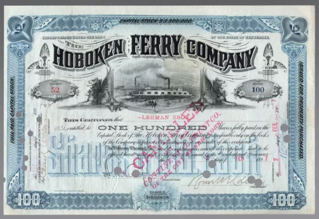 1897 Stock Certificate issued to LEHMAN BROTHERS - HOBOKEN FERRY - SUPERB!
