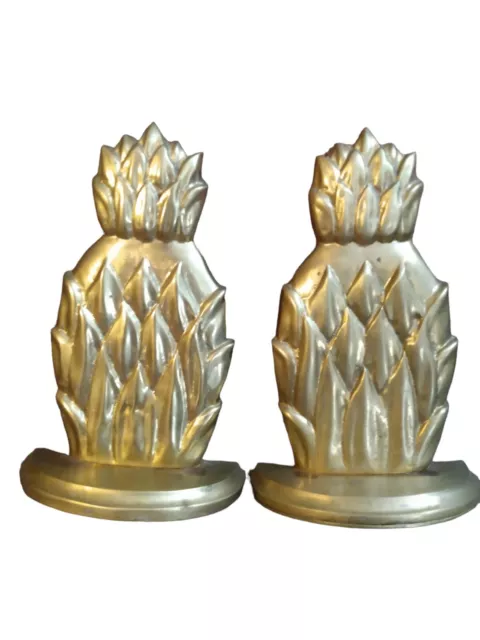 Vintage Pair of Brass Pineapple Bookends MCM Patina Heavy 8” X 5” Each  READ