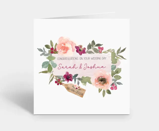 Personalised Wedding Day Card Pink & Burgundy Rustic Floral Design Friends