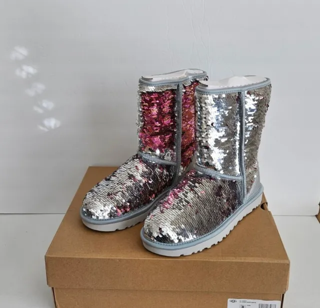 NEW UGG Classic Short Silver Sparkles Sequin Sheepskin Boots Size US 8 Womens