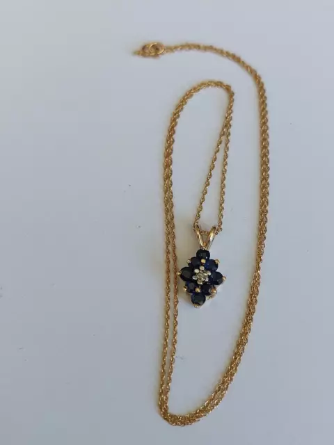 14ct gold sapphire and diamond pendant +18" curb chain hallmarked 14k