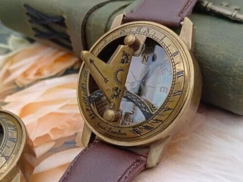 Handmade Antique Sun dial Compass wrist watch, Nautical Leather Band Strap hand