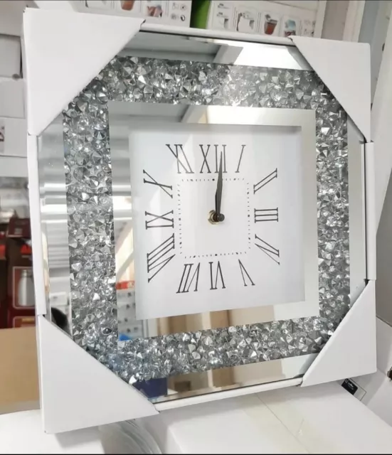 Mirror Crushed Diamond Silver Crushed Crystal Filled Sparkly 30X30Cm Wall Clock✨