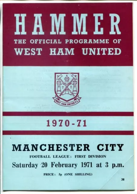 West Ham United vs Manchester City Programme February 20 1971