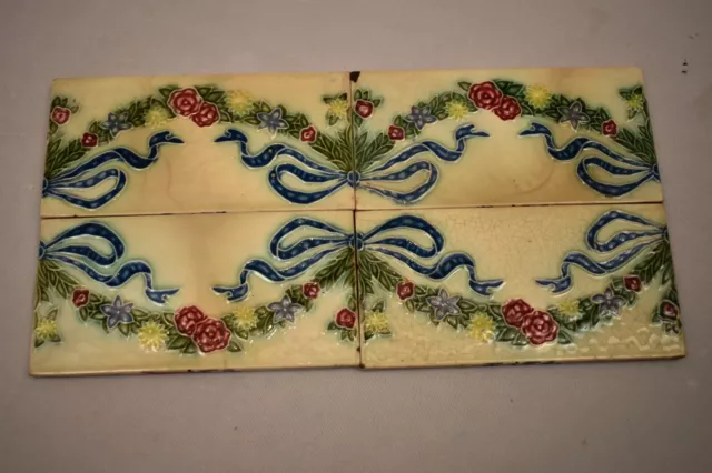 Antique Tile Japan Majolica DK Brand Art Nouveau Ceramic Garland Floral 4 Pc "S2 2