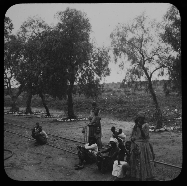 ANTIQUE Magic Lantern Slide PEOPLE ON RAILWAY LINE C1910 PHOTO TANZANIA ? AFRICA