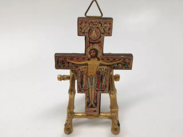 VTG Italian Florentine Gold Gilt Miniature Wood Cross-Christ & Disciples-ITALY