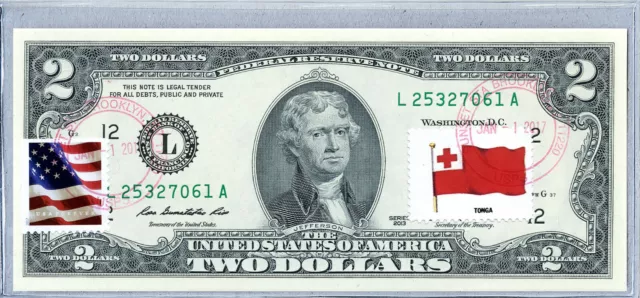 US Currency Paper Money Two Dollar Bill Unc Collection Stamp National Flag Tonga