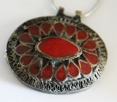 Turkmen Silver Nickel Engraved Coral Round Pendant Tribal Necklace